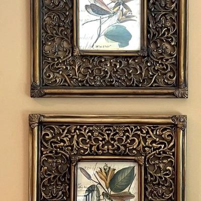 Flora and Fauna Prints in Carved Wood Frames, Pair 