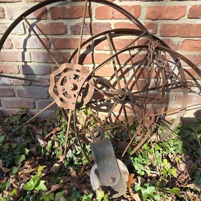 Antique Iron Wagon Wheels (3), Pulley, Chains - 32" - 24" Diameter