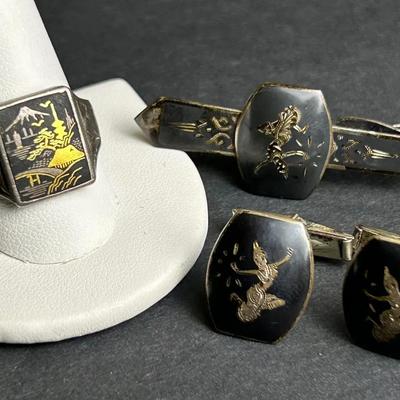 Vintage Siam Sterling Silver Men's Cufflinks, Tie Clip & Ring, Size 12