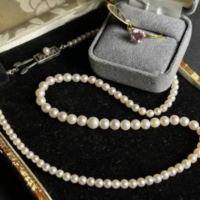 14K Gold Pink Glass Ring, Size 6, plus Graduated Cultured Pearl Necklace, 17"