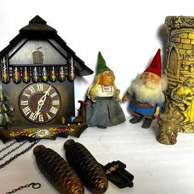 Black Forest Cuckoo Clock With Regula Movement, Gnome Figurines, Carved Candles