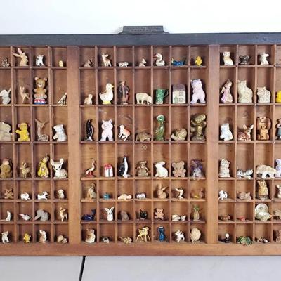 Antique Keystone Type Foundry Printer’s Tray With Miniature Animal Figurines