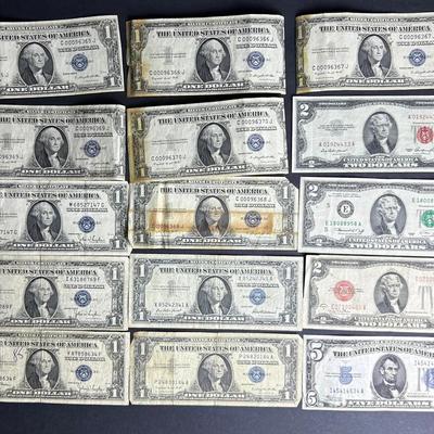 Silver Certificates & More US Notes: 1934 A $5; 1934 D&G $1; 1937 & 1957 A $1; Plus $2 Bills