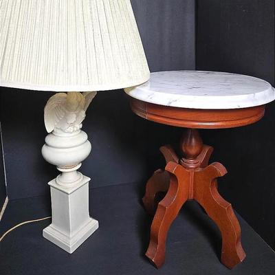 Marble Top Accent Table & Ceramic Eagle Lamp