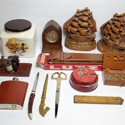 Vintage Ceramic Humidor, Telegraph Sounder, Bookends, Slide Rule & More