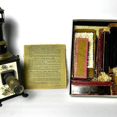 Johann Falk Magic Lantern Projector With Glass Slide Collection