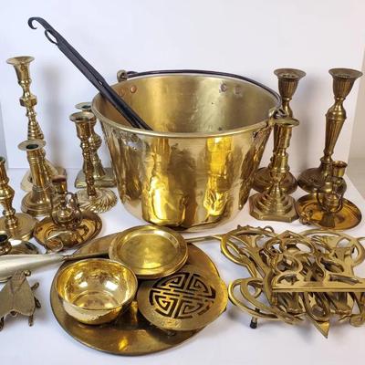 Brass Decor: 22” Diameter Pail, Candleholders, Williamsburg Trivets, Ladles, Plates & More 