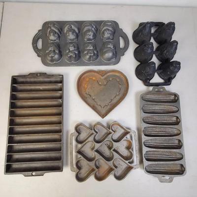 Cast Iron Molds: John Wright Lions & Lambs, Teddypan; Griswold 22 Corn Bread Pan; More