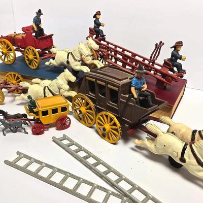 Reproduction Cast Iron Toys: Firetruck, Stagecoach & Log Wagon