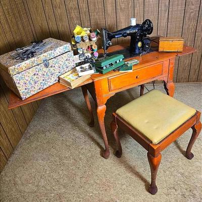 Vintage Singer 201 Sewing Machine In Table With Puzzle Box, Sewing Notions, Shears