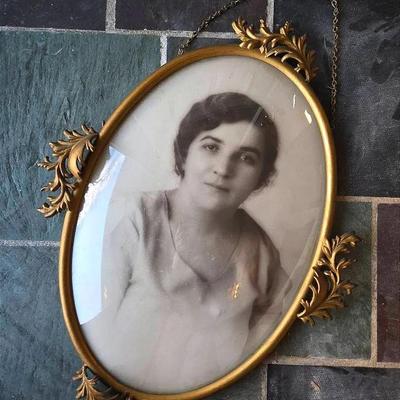 Vintage Oval Metal Frame With Convex Glass 