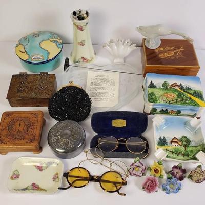 Vintage Eyeglasses, Trinket Boxes, Hat Pins & Holder & More