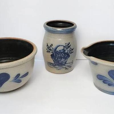 Rowe Pottery Works Salt Glase Stoneware Crock & Bowls
