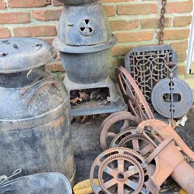 Antique Small Cast Iron Pot Belly Stove, Milk Can, Architectural & Metal Salvage, Coal Scuttle