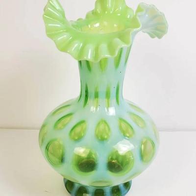 Fenton Green Opalescent Glass Ruffled Vase