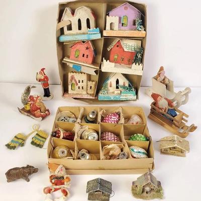 Vintage Glass Christmas Ornaments, Putz-Style Mica Village & Santa Figures