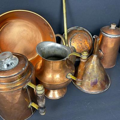 Vintage Copperware: Coffee Pots, Pitcher, Funnel, Strainer & 12” Pot