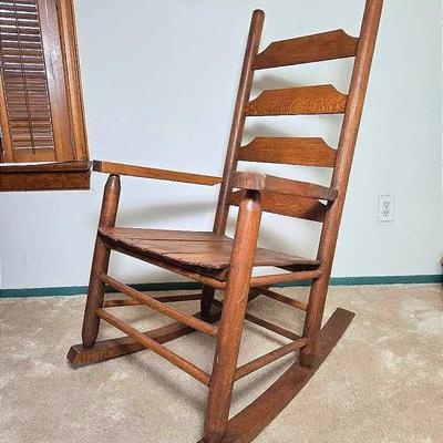 Antique Oak Ladderback Rocking Chair With Slat Seat