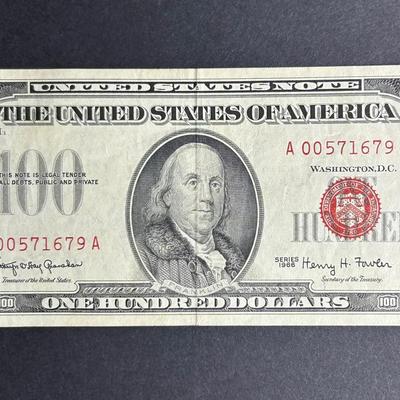 Series 1966 One Hundred Dollar Bill - Red Seal A00571679A