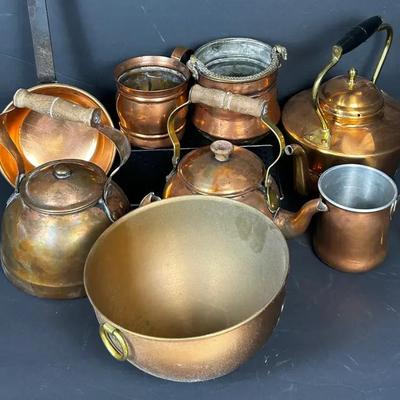 Vintage Copperware: Tea Kettles, Tankards, Long Handled Dipper, More
