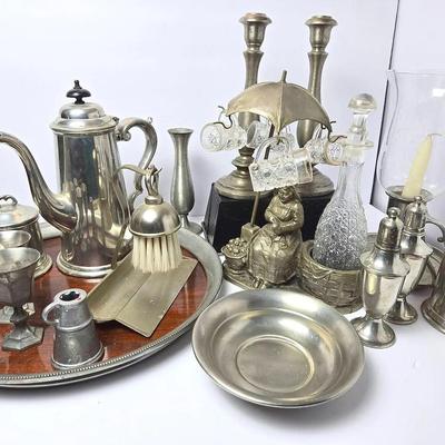 Vintage Pewter: Figural Decanter Set, Coffee Pot, Candleholders & More