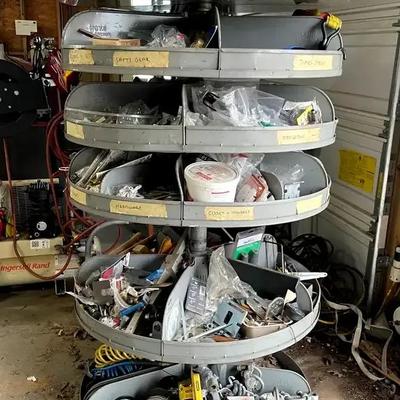 Heavy-Duty Industrial Rotating Parts Bin Loaded with Shop Hardware