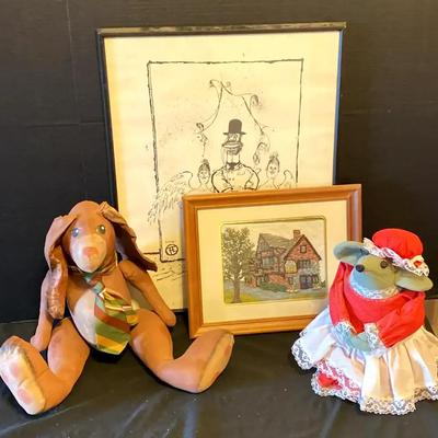 Cross-Stitch Art, Whimsical Drawing & Decorative Rabbit and Mouse