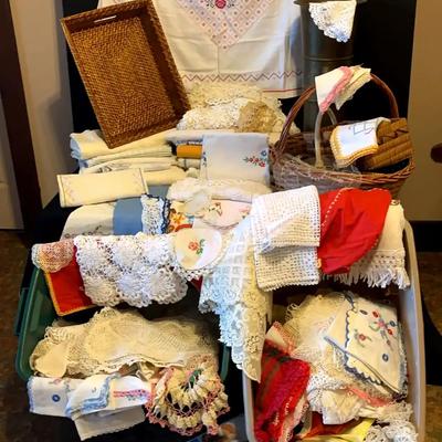 Large Collection of Vintage Table Linens & Doilies with Metal Umbrella Stand