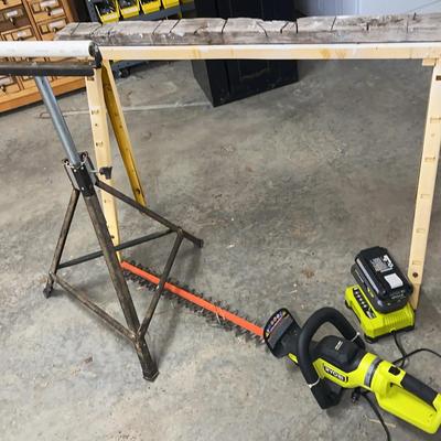 Ryobi Hedge Trimmer with Battery & Charger, Adjustable Roller Stand & 42" Sawhorse