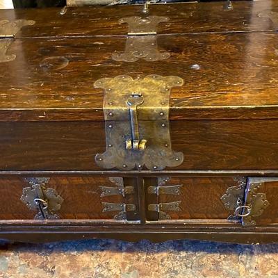 Vintage Wooden Trunk with Decorative Metal Hardware