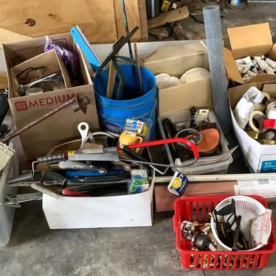 Household Repair & Tool Collection with PVC Pipes, Tape, Hardware & Hand Tools
