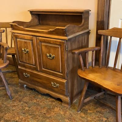 Wooden Dry Sink & Three Wooden Chairs