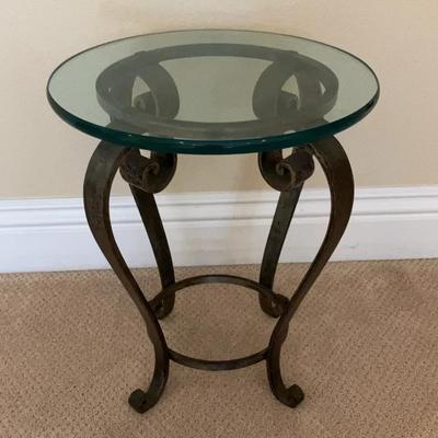 Round Glass-Top Side Table with Ornate Scrolled Iron Base