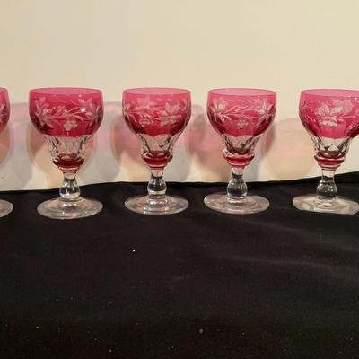 Five Val Saint Lambert Belgian Cranberry Cut To Clear Port Wine Glasses