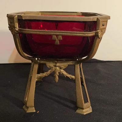 Cranberry Glass Footed Bowl Brass?