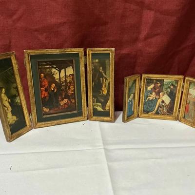 Pair Of Wooden Trifold Religious Paintings