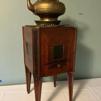 Antique Brass Tea Kettle On Wooden Stand