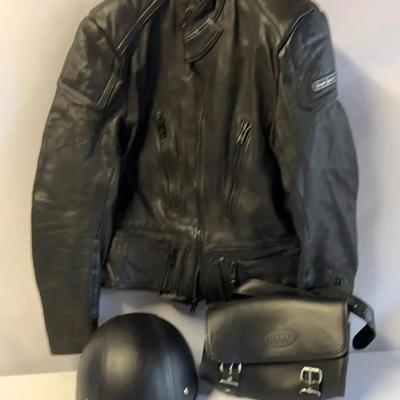 Vintage Black Leather Motorcycle Jacket by Malcolm Smith & XS Helmet & Bell Saddle Bag