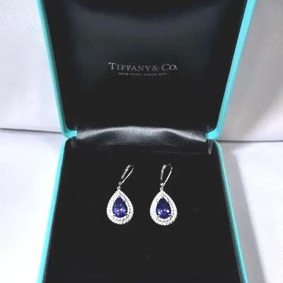 Tiffany Co Soleste Platinum Pear Tanzanite Halo Diamond Dangle Earrings
