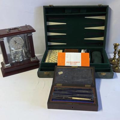 Antique Boxed Drawing Instruments, Backgammon, Solid Brass Candle Holders, Wallace Clock