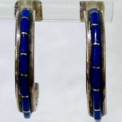 Lapis Lazuli Half Hoop Sterling Silver Earrings 