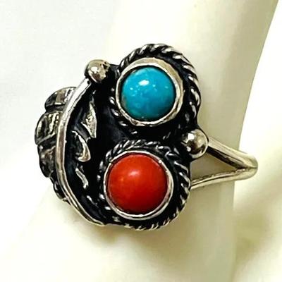 Navajo Style Turquoise and Red Coral Silver Ring