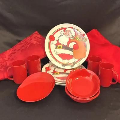 Texas Ware Plates, Cups, Bowls with Linens