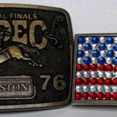 Vintage 1976 Hesston NFR Bicentennial Belt Buckle and American Flag Buckle 