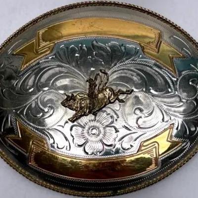 Vintage 1970s German Silver Classic Rodeo Belt Buckle
