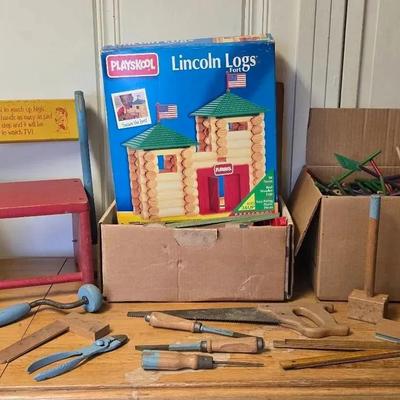 Vintage Wood Toys: 1992 PLAYSKOOL Lincoln Logs, Tinker Toy Consruction Set, Step Stool, Kids Tools +