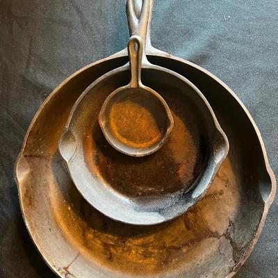 Set of (3) Vintage Cast Iron Frying Pans – Small, Medium & Large