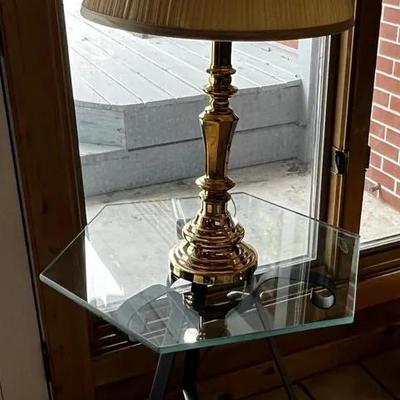 Glass Table Top With Black Iron Bottom Plus 3-way Brass Toned Lamp