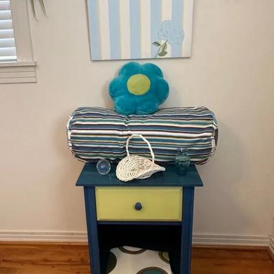 Kid Room Glow-Up Starter Kit — Blue/Lime Nightstand + Retro Dots Curtains + Cute Decor Lot