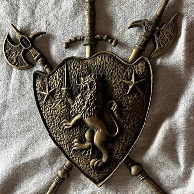 Cast Metal Coat of Arms Wall Plaque — Lion Shield w/ Crossed Swords (33 1/2" x 24")